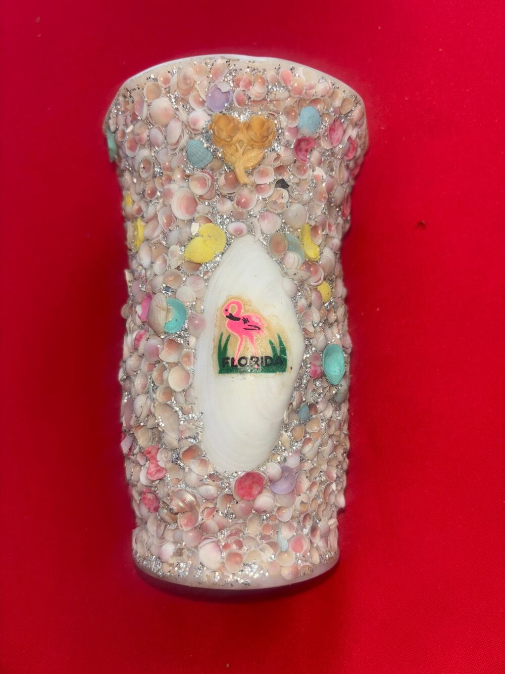 Vintage 60s~70s Shell Art Vase Kitsch FLORIDA Seashell Covered 5 1/2" Flamingo